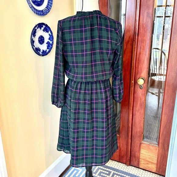 J. Crew Factory | Green & Pink Tartan Plaid Long Sleeve Dress w/Tie Neck - Picture 6 of 11